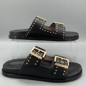 AllSaints MAGDA STUDDED LEATHER Black Buckle Slide Sandals with Gold Hardware